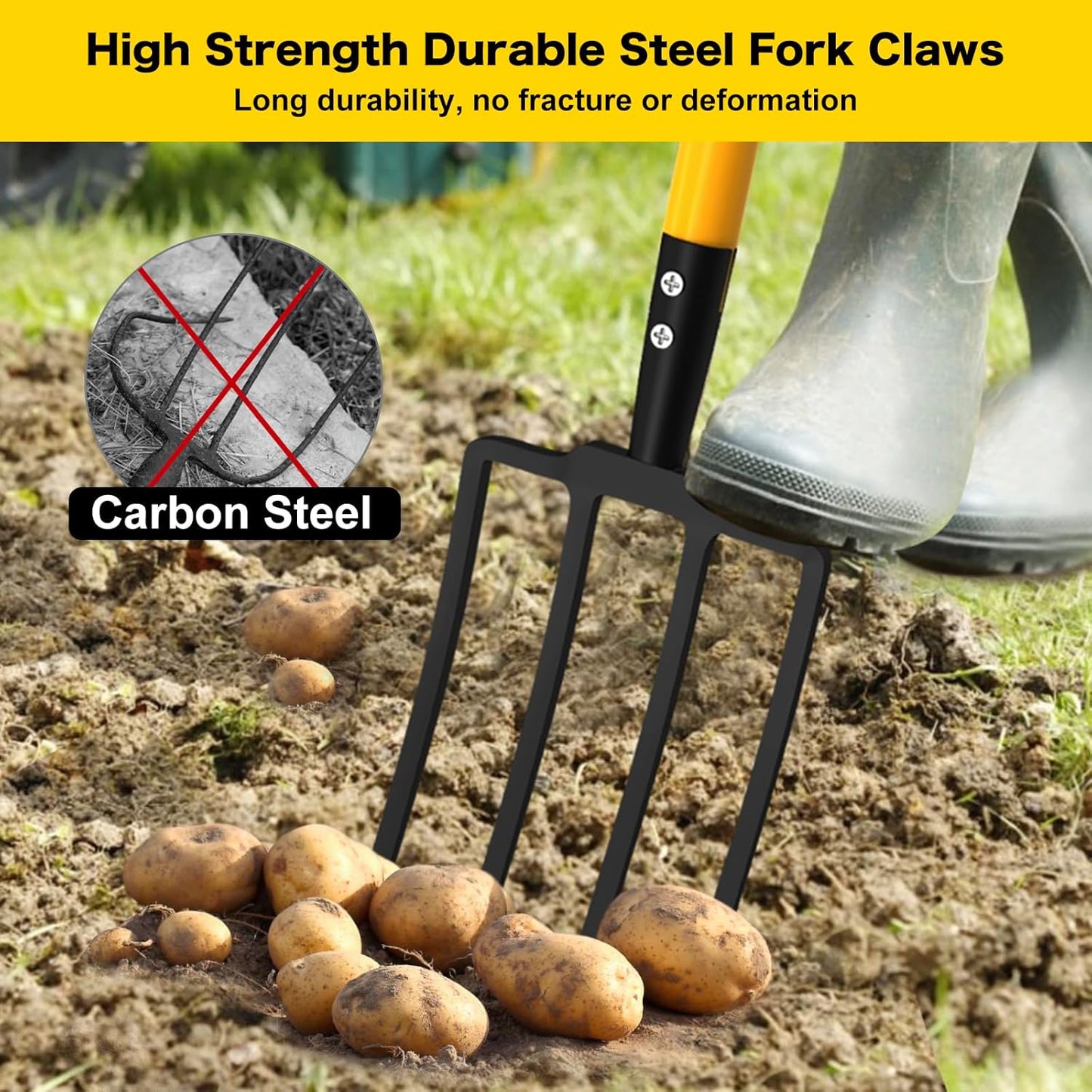 Pitch Fork, 4 Tine Heavy Duty Garden Fork with Ergonomic No-Slip D-Grip Handles, 45 Inches Long Handle Spading Fork, Perfect for Gardening Digging, Land Management, Yard work, Farming (Black)