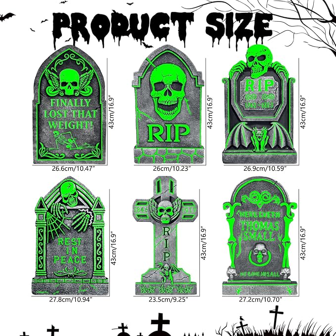 17”×10” Large Halloween Yard Decorations, 6 Pack Waterproof Glow in The Dark Tombstones, Outdoor Light Up Gravestones for Yard, Party, Home and School, Spooky Cemetery Halloween Decor