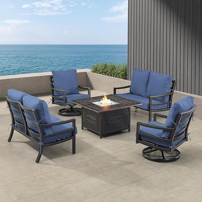 Oakland Living Black Aluminum Patio Fire Table Set with Two Deep Seating Loveseat with Cushions and Two Club Chairs with Blue Cushions
