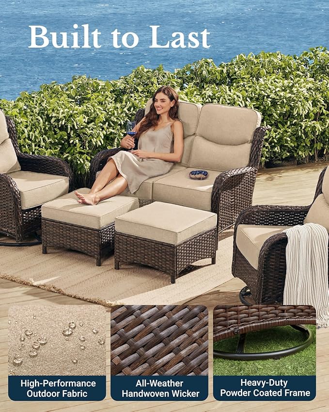 HILLGA Luxury High Back Patio Furniture Set with 6-Inch Thick Cushion, 5-Piece Outdoor Conversation Set with Loveseat, Swivel Rocker Chairs & Ottomans, Ideal for Porch Pool Deck Yard (Beige)