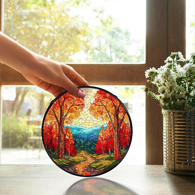 TNUW Fall Forest Stained Glass Window Hanging, Rustic Autumn Landscape Sun Catchers Indoor Window Glass Round Wall Art Decor, Fall Autumn Wall Hanging Decorations, 7.9＂x7.9＂