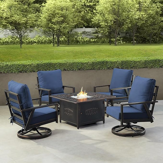 Oakland Living Black Aluminum Patio Fire Table Set with Four Club Chairs with Blue Cushions