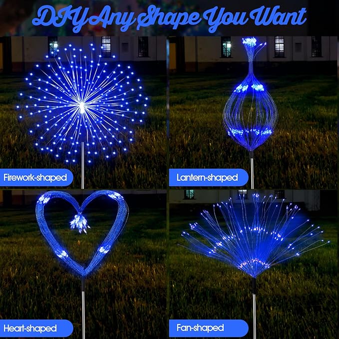 4 Pcs Halloween Solar Lights Outdoor Christmas Firework Light 180 LEDs 8 Modes Waterproof Sparkler Yard Decoration Stake Landscape Decorative for Garden Driveway Walkway Pathway Lawn (Blue)