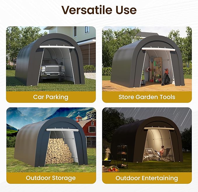 Wisteria Lane Domed Carport, Portable Garage with 2 Roll up Doors, Heavy Duty Car Canopy Party Tent, All-Season Storage Shelter Shed Carport for Motorcycle, Boat, Truck, or Garden Tools, 10' x 20'