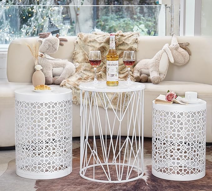 Y&M Set of 3 Heavy-Duty Round End Table, Side Table, Coffee Table for Indoor Multifunctional Use, Outdoor Decorative Garden Stool Plant Stand-White