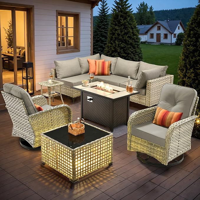 HOOOWOOO Outdoor Patio Furniture Set with Fire Pit Table,9 Pieces Wicker Out Door Sectional Furniture L Shaped Couch,Outside Patio Conversation Sets Swivel Chair,Charcoal Gray