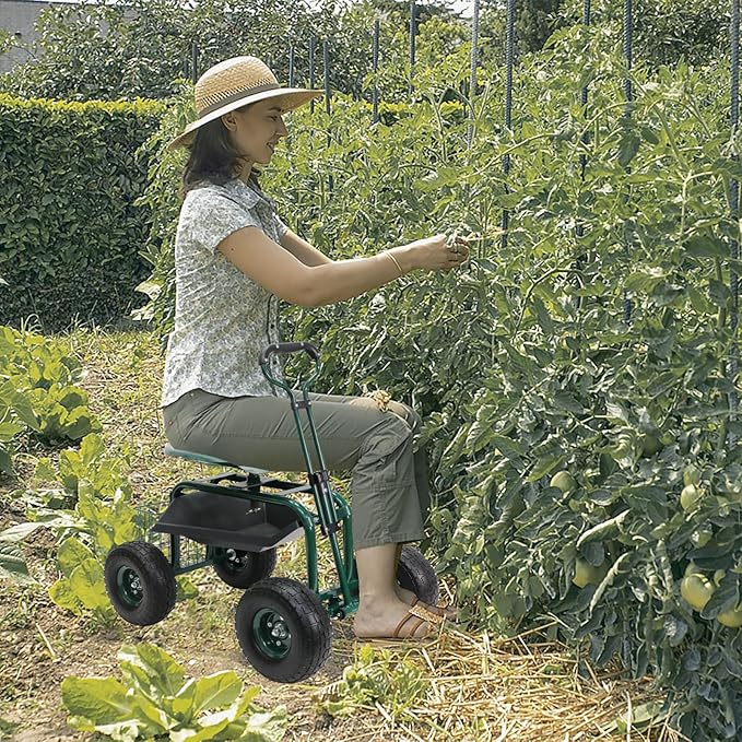 PLKO Garden Cart on Wheels,Rolling Garden Cart with Seat,Heavy Duty Gardening Stool with Basket,Adjustable Steering Handle, 360 Degree Swivel Seat for Yard,Patio,and Outdoor