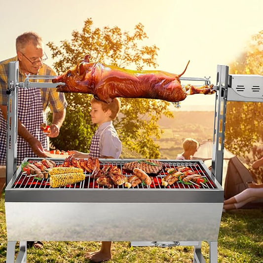 Rotisserie Grill Charcoal Spit Roaster, Stainless Steel 37" Pig Lamb Hooded Roaster Charcoal Spit With 25W Motor & Adjustable Height Lockable Casters For Party Barbecue,132 LBS Without Baffle