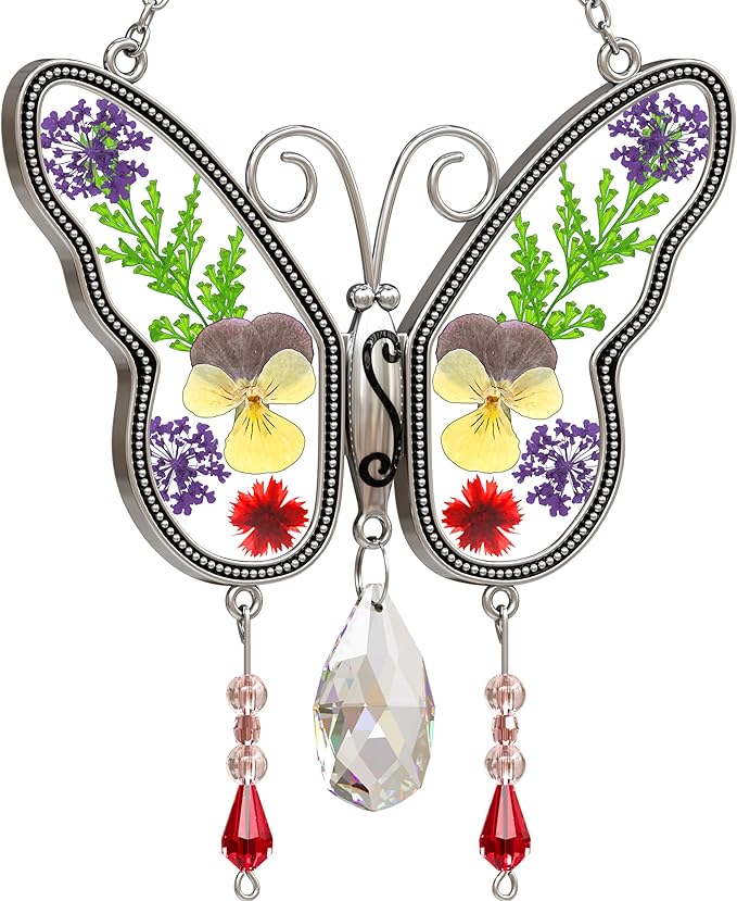 KY&BOSAM Gifts for Mom Family Friends Crystal Butterfly Suncatchers Stained Glass for Windows Wind Chimes Real Flower Colorful Crystal Outdoor for Garden Indoor Home Trees Patio Yard Porch Decor