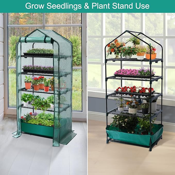 Mini Greenhouse for Indoor Outdoor, 5 Tier Shelves Rack Small Green House Heavy Duty with Waterproof Mat, Portable Plants Seedling Supplies Durable PE Plastic Cover with Tape, Gardening Gifts
