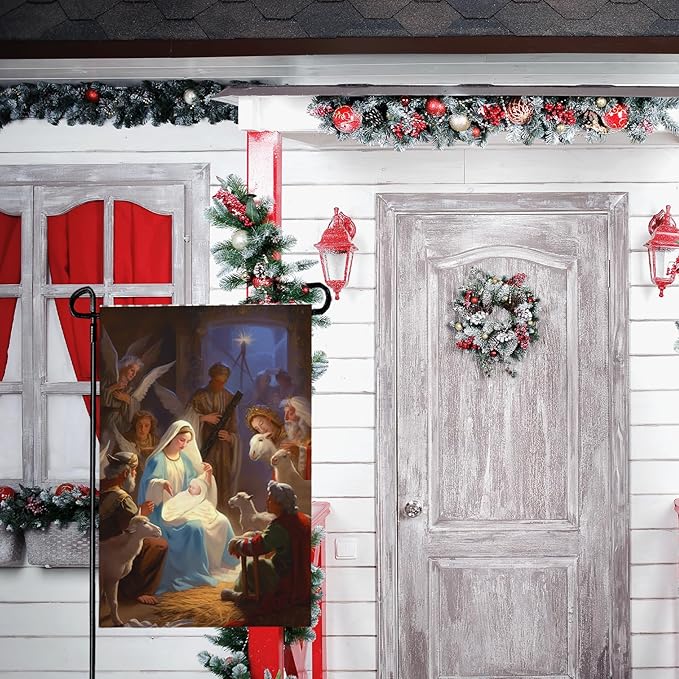 Nativity Garden Flags Religious Christmas Yard Flag Winter Catholic Jesus Garden Flag for Holy Night Outside Double Sided Home Yard Farm Xmas Decor Outdoor 12 x 18 In