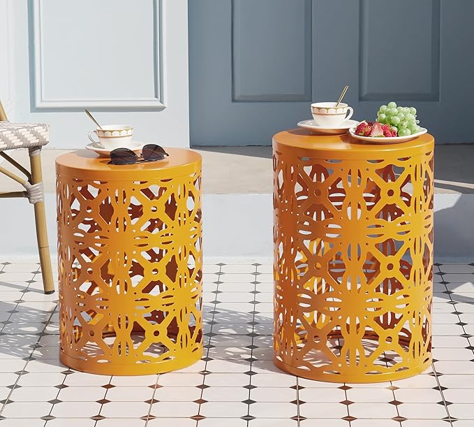 HFHOME Set of 3 Metal Outdoor Side Table, Nesting Round Coffee Table for Indoor Outdoor, Heavy Duty End Tables Plant Stand Living Room Garden Stool - Orange