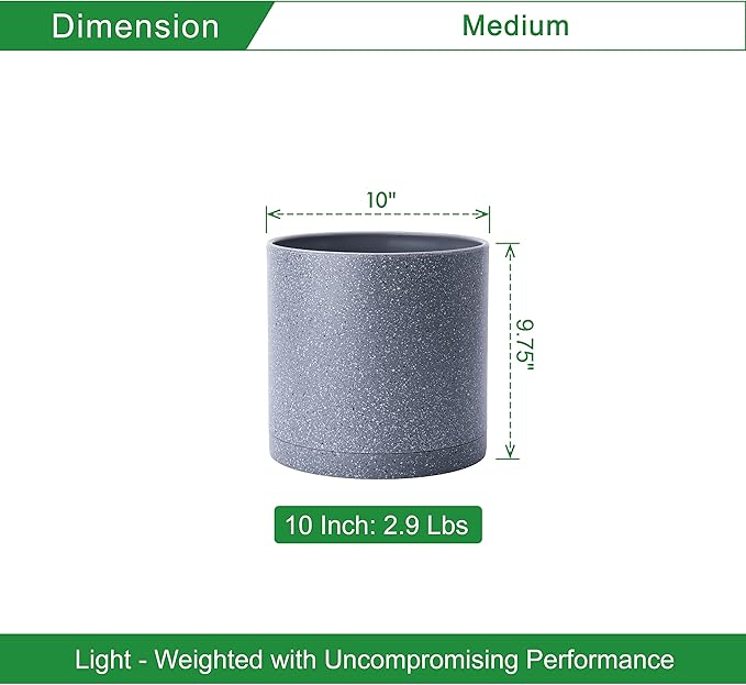 D'vine Dev 10 Inch Plastic Planter Pots for Plant Pot with Drainage Hole and Seamless Saucers, Speckled Gray Color, 74-X-G-2