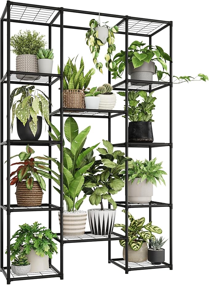 Plant Stand Outdoor Tall Plant Shelf Indoor Metal Large Hanging Plant Cabinet Waterproof Plant Rack Flower Holder for Living Room Patio Balcony Garden Black