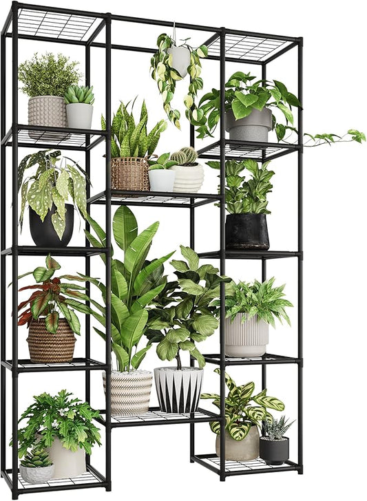 Plant Stand Outdoor Tall Plant Shelf Indoor Metal Large Hanging Plant Cabinet Waterproof Plant Rack Flower Holder for Living Room Patio Balcony Garden Black