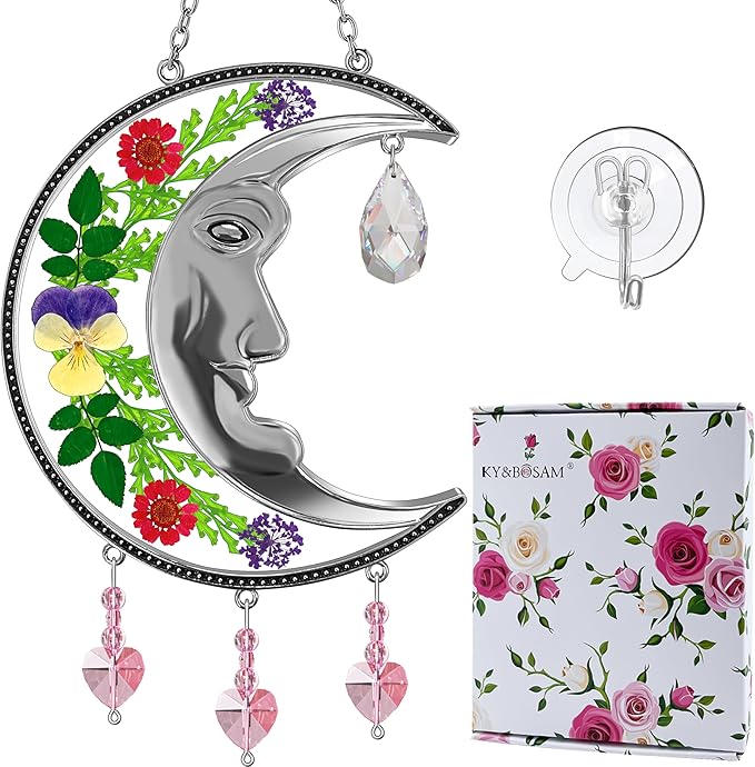 KY&BOSAM Crystal Sun Face Moon Suncatchers Gifts for Mom Family Friends Stained Glass for Windows Wind Chimes Real Flower Colorful Crystal Outdoor for Garden Indoor Home Trees Patio Yard Porch Decor