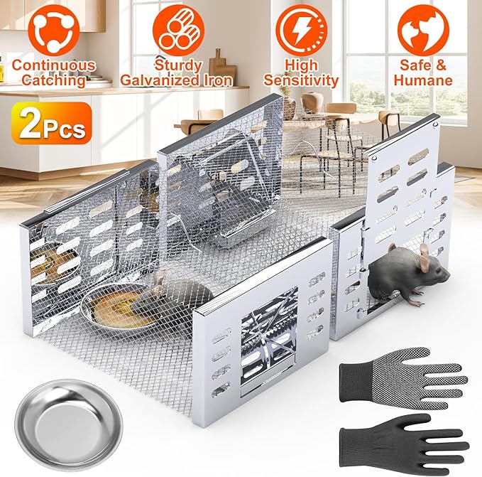 2 Pack Humane Rat Trap, Metal Automatic Continuous Mouse Chipmunk Cage Traps and Other Small Live Animals Cage, Easy to Catch and Release, Work for Indoor Outdoor