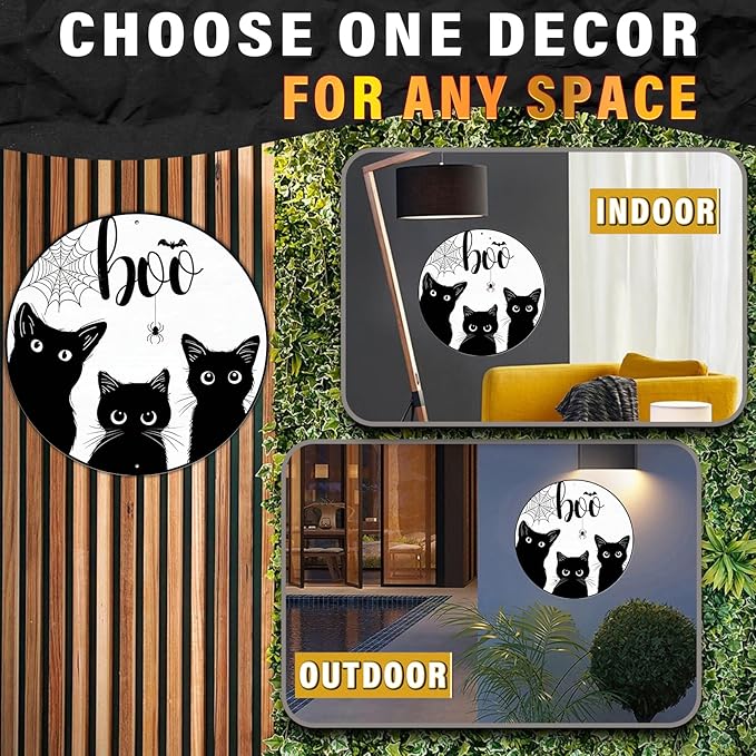 PEACHGARDEN Black Cat Halloween Metal Tin Sign Vintage Gothic Decor Boo Plaque Spooky Wall Art Retro Iron Painting for Home Porch Bar 12x12inch