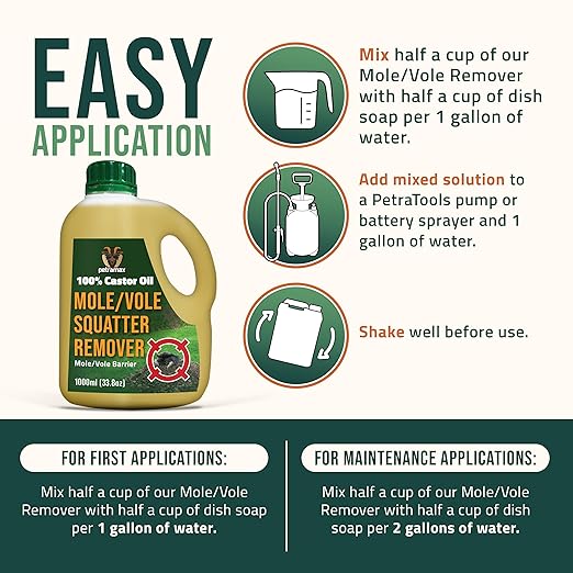 PetraMax Castor Oil Mole Repellent for Lawns - Best Anti Mole and Vole Repellent of Outdoor Space - How to Get Rid of Moles in My Yard, Garden Or Lawn, Safe and Effective Vole Deterrent (33.8 fl oz)