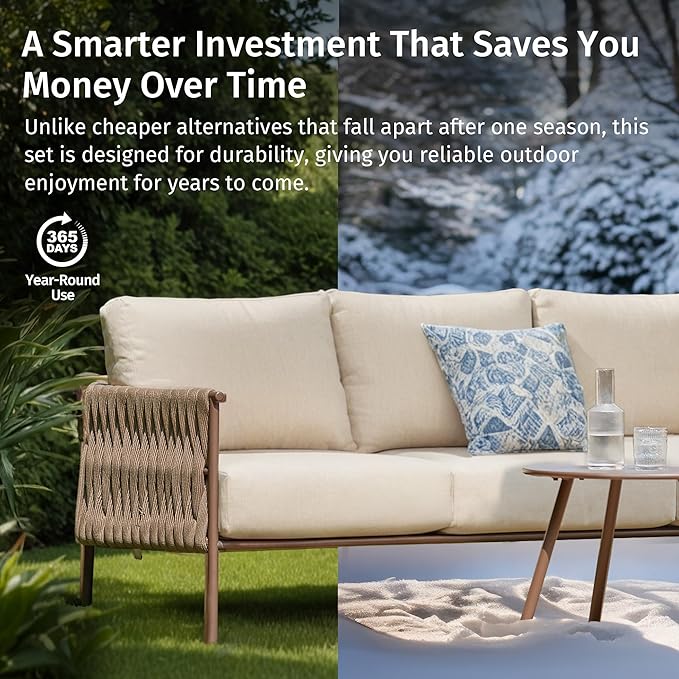 EAST OAK 5-Piece Patio Furniture Set | Life Chatter 5-Seat Outdoor Furniture | Deep Seating & Two Coffee Tables | Waterproof Extra-Thick Cushions | Porch, Balcony & Backyard | Apricot