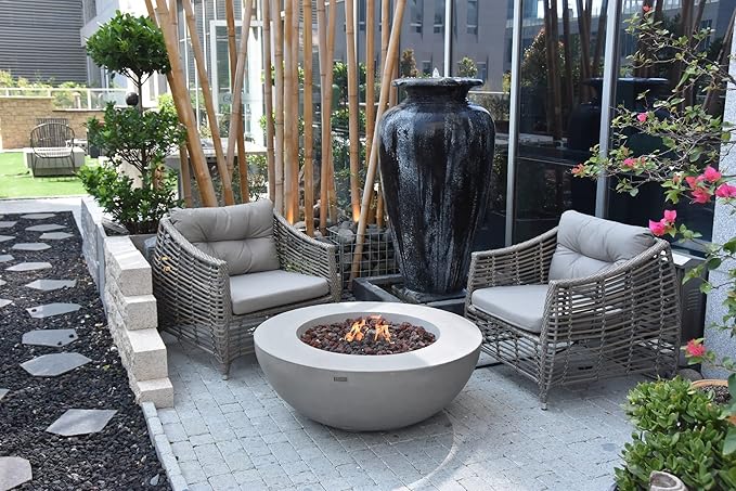 Elementi Lunar Bowl Fire Pit Bundle Outdoor Firepit Set Includes 42” Propane Concrete Firepit, Glass Windscreen, Stainless Steel Cover, Tank Cover, Canvas Cover, Floor Mat, Ice Bucket
