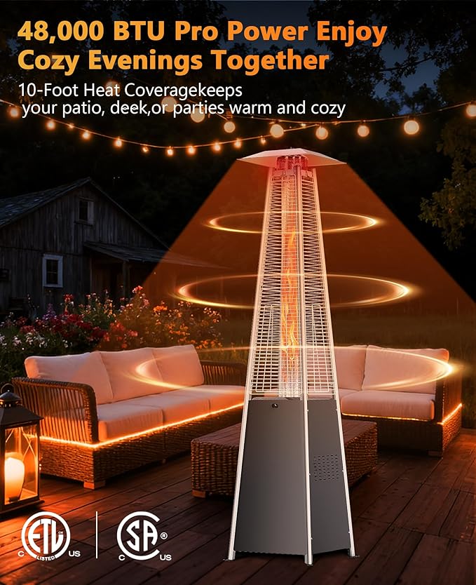 Pyramid Patio Heater for Large Area, 48,000 BTU Rapid Heating Outdoor Propane Heater With Wheels and Weatherproof Cover, Triple Protection System for Patio, Backyard, Garden, Pool