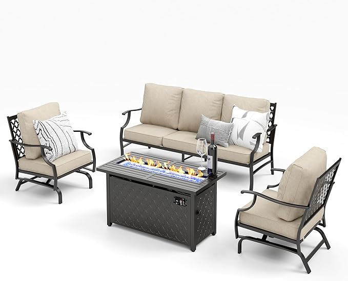 Patio Furniture Set with Firepit Table, 4 Pcs Metal Outdoor Conversation Set, 2 Rocking Chairs and 3 Seater Sofa with 5.75" Extra Thick Cushion and Gas Fire pit Table for Backyard Deck, Beige