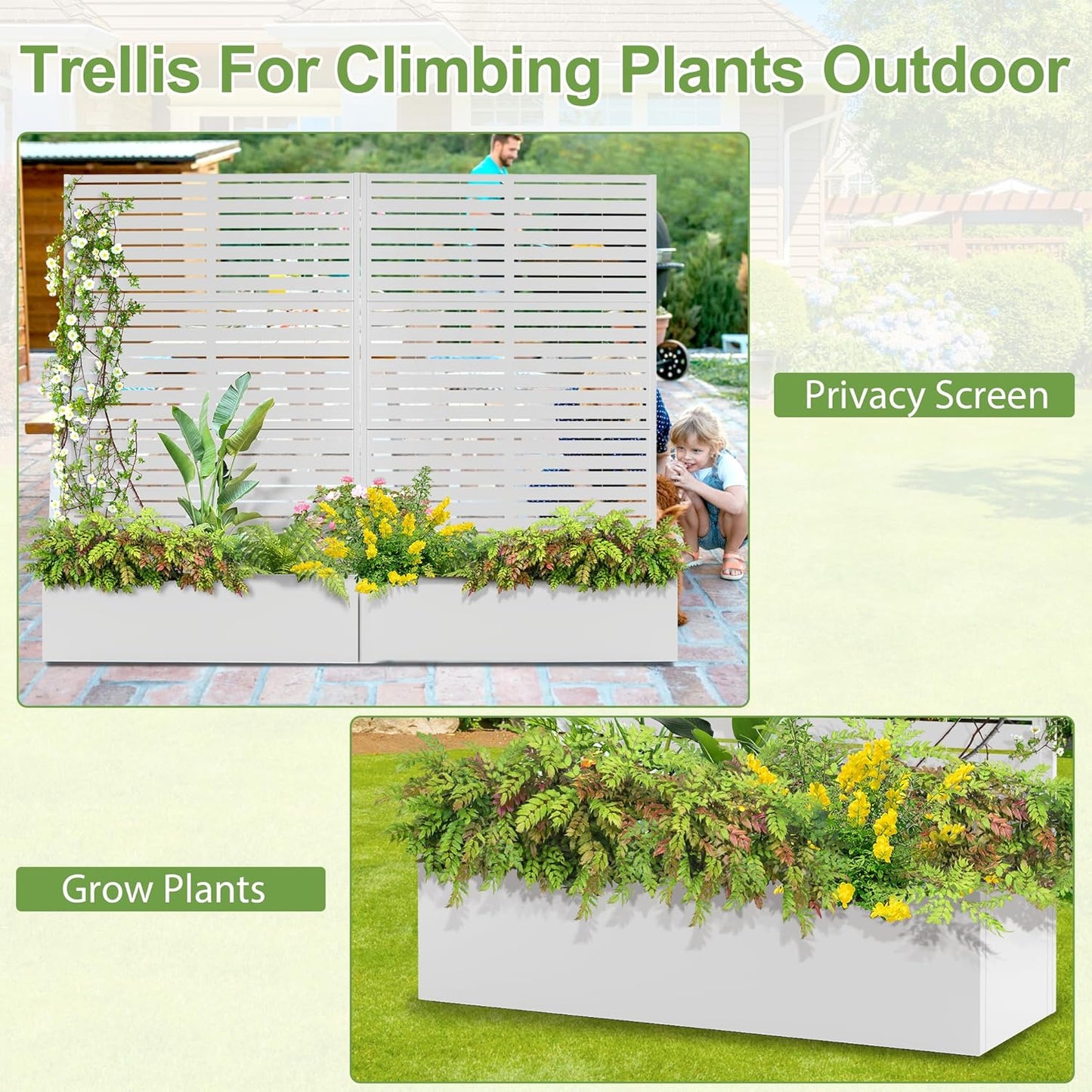 Trellis for Climbing Plants Outdoor，Mental Garden Bed with Drainage Holes Outdoor Privacy Screen Design Tall planters for herb Flower Vegetables 73"x47"x16", White-Louvered