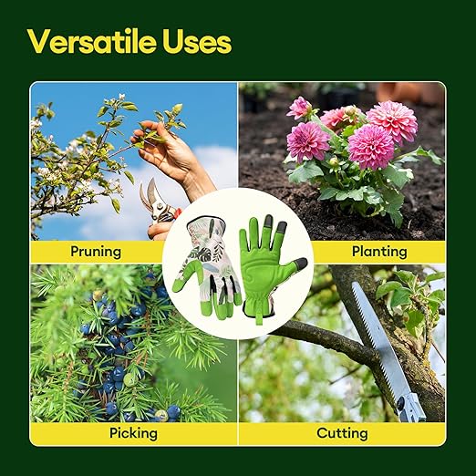Gardening Gloves for Women, Breathable Leather Work Gloves, Thorn-Proof Gardening Gifts, Touchscreen Compatible, Protective Work for Digging, Planting, Pruning, Medium Size, Green