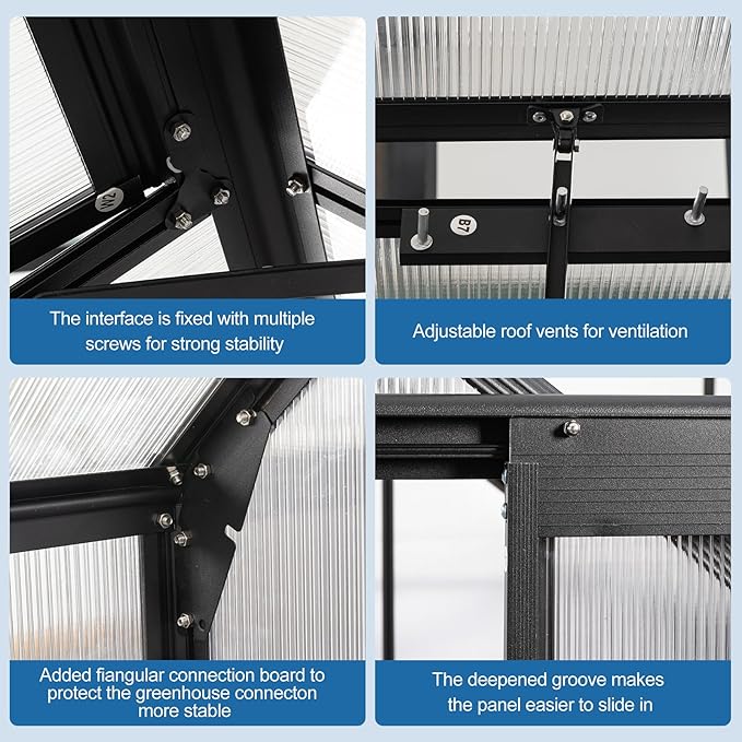 6x10 FT Polycarbonate Greenhouse,Heavy Duty Walk-in Garden Plants Green House,Adjustable Roof,Raised Base and Sliding Door for Outdoor Backyard,Easy to Install,Black