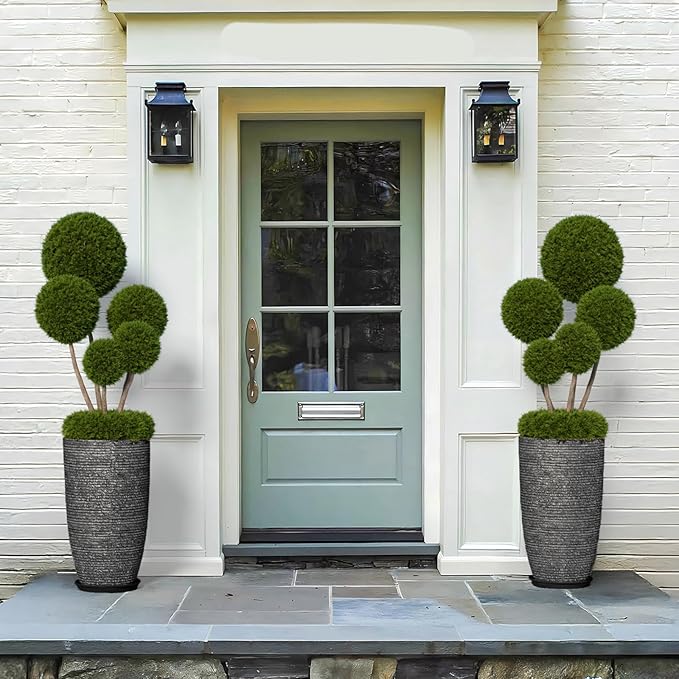 QCQHDU Large Tall Dark Gray Planters Set of 2-9 Gallon 12" Round Outdoor Planters for Front Door & Patio, Faux Stone Indoor Plant Pots with Tray, Porch Decor Plant Containers