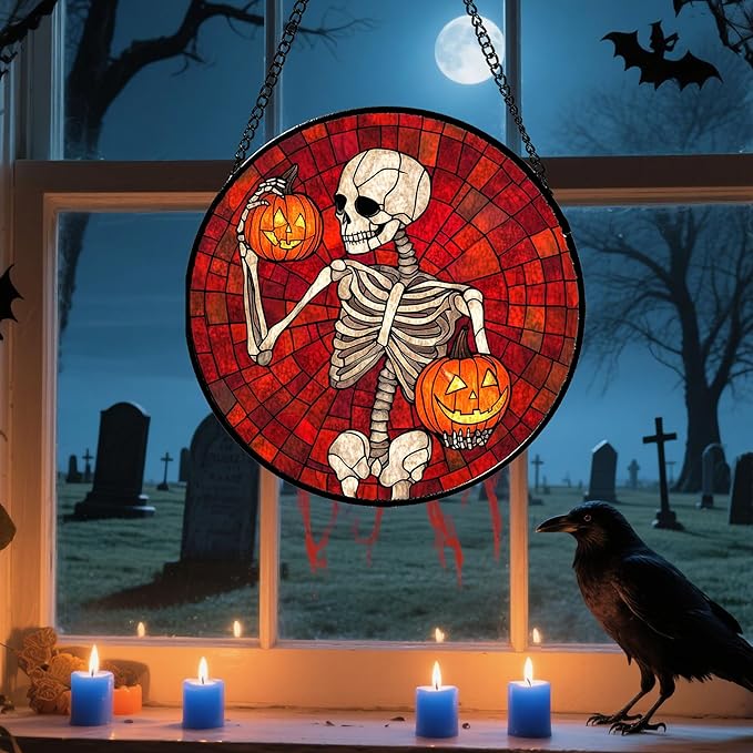 Stained Glass Window Hanging - Halloween Decorations Skeleton Pumpkin Suncatcher for Doors Garden Indoor Spooky Funny Sun Catchers Gothic Decor Horror Gifts for Women Men Friend 9.8 in