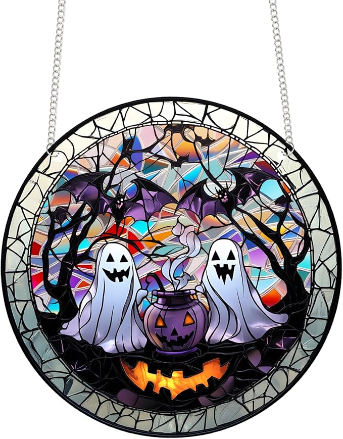 Halloween Suncatcher, Tumwisk Halloween Decorations Acrylic Ghost Bat Decor Light Catcher Ornaments for Home Decor Indoor Doors Garden Windows Spooky Funny