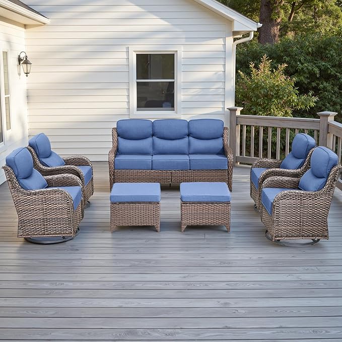 Wicker Outdoor Patio Furniture Set - 7 Piece Patio Conversation Sets with Swivel Rocker Chairs, Ottomans and Sofa, 6 inch Cushions, Waterproof Wicker, for Porch Deck Brown/Blue