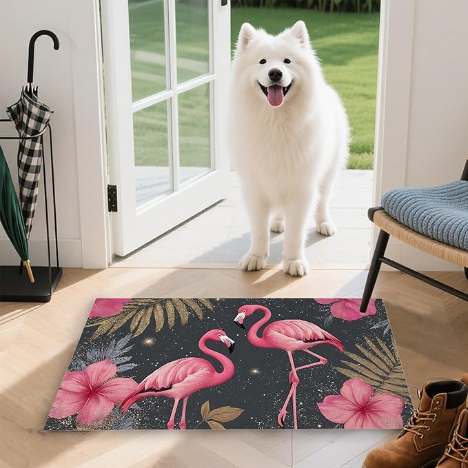 Front Door Mat,Pink Flamingo Doormat Outside Entrance,Non-Slip Gold Palm Leaves Entryway Rug for Porch Patio, Felt Low Profile Welcome Mat Indoor for Hallways, 30 x 17 Inch