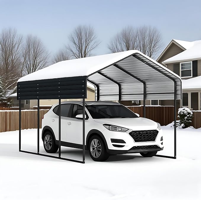 10x15 FT Metal Carport, Heavy Duty Car Port with Galvanized Metal Roof, Outdoor Garage Car Shelter Shade for Car, Boats and Truck (Dark Gray)