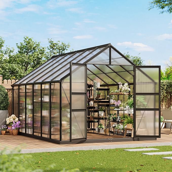 8x12 FT Greenhouse for Outdoors, Polycarbonate Greenhouse with Roof Vent, Ground Nails, Lockable Push Door, Aluminum Large Walk-in Green House for Outside Garden Backyard, Patio, Lawn