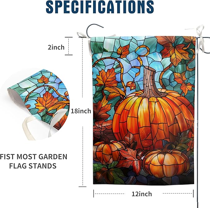 Pumpkin Fall Garden Flag Autumn Yard Flag Stained Glass Thanksgiving Outdoor Flag 12x18 Double Sided Small Harvest Flag for Outside Porch Lawn Decor
