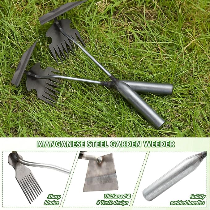 Dual-Head Weed Puller Tool, 2 Pack Heavy Duty Weeder Tool & Weed Remover, Garden Uprooting Tool with Hoe and Rake for Easy Weed Removal