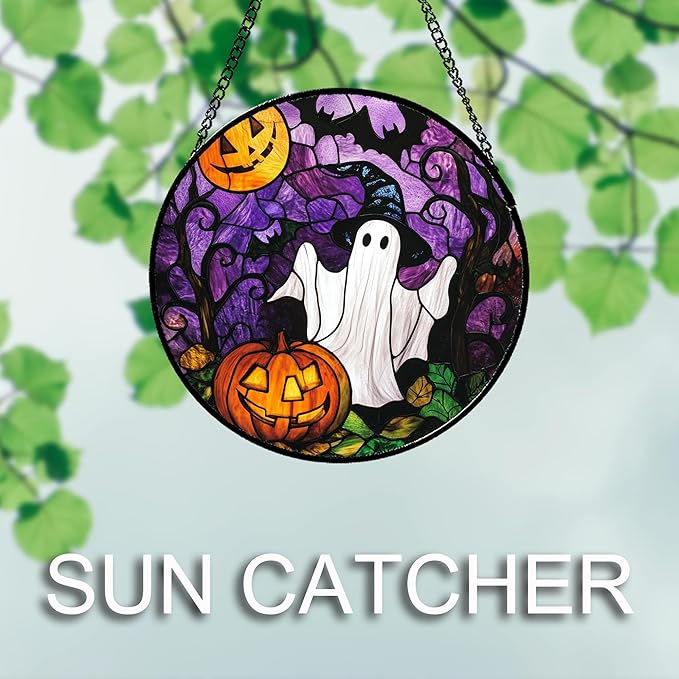 Stained Glass Window Hanging Halloween White Ghost Black Bat 9.8" - Suncatcher Door Garden Sunroom Horror Pumpkin Sun Catcher Birthday for Friend Mom Men Woman Nana