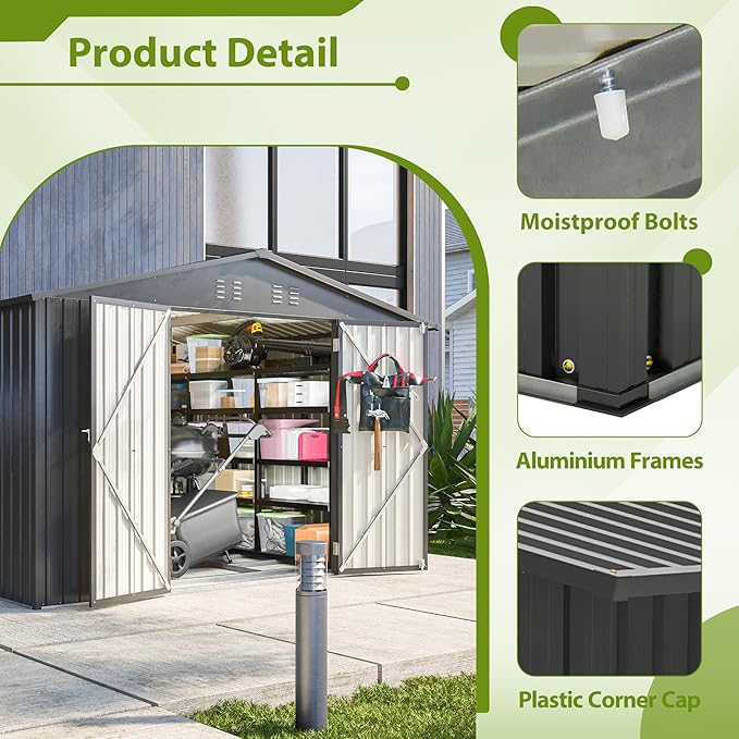 10X8 FT Outdoor Storage Shed, All Weather Metal Sheds with Lockable Doors, Tool Shed for Garden, Patio, Backyard, Lawn (Black with Floor Frame, 10x8ft)