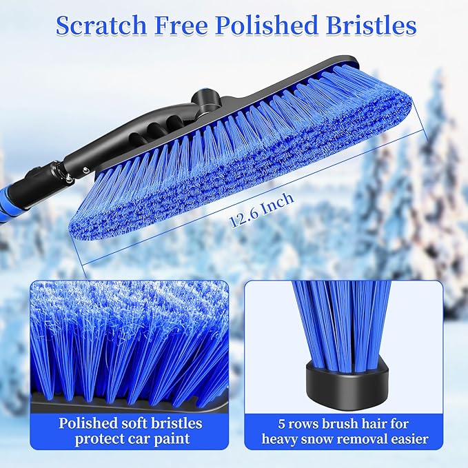 HEEYA 51 Inch Snow Brush for Trucks, Extendable Long Handle Ice Scraper with Brush with Foam Grip, SUV Heavy Duty Snow Brush with Ice Scraper for Car Auto Jeep RV Vehicle Windshield Window - Blue
