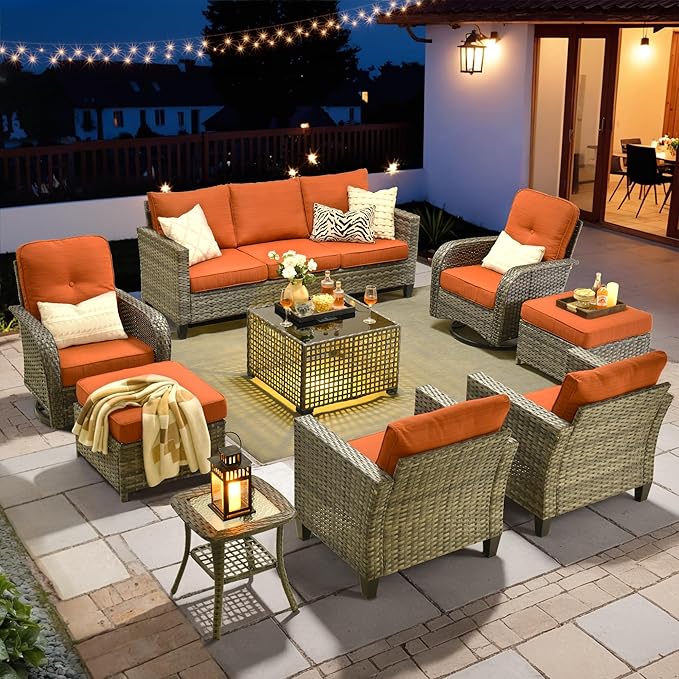 HOOOWOOO Outdoor Patio Furniture Set,9 Pieces Wicker Conversation Set,All Weather Couch Set with Swivel Chairs Solar Light Table Ottoman 9 Seaters for Out Door Yard(Brick Red)