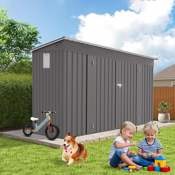 4x9 ft Lean to Shed, Outdoor Storage Shed with Lockable Double Door and Window, Metal Storage Sheds with Sloping Roof and 6 Vents, Outside Garden Tool Sheds for Backyard, Patio (Grey)