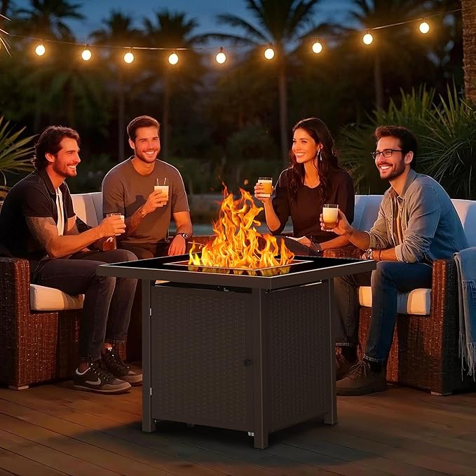 BALI OUTDOORS 32 inch Glass Tabletop Propane Fire Pit Outdoor, 50,000 BTU Propane Fire Pit Table Square, Gas Firepits for Outside Patio, Garden, Brown