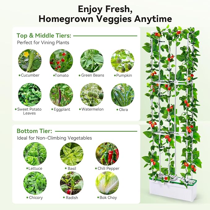 BAOSHISHAN Hydroponics Growing System Tower with Trellis, 7L Indoor Gardening System for Tomato Pepper Cucumber Vines Plant, Hydroponic Grow Kit with 60" Height Adjust