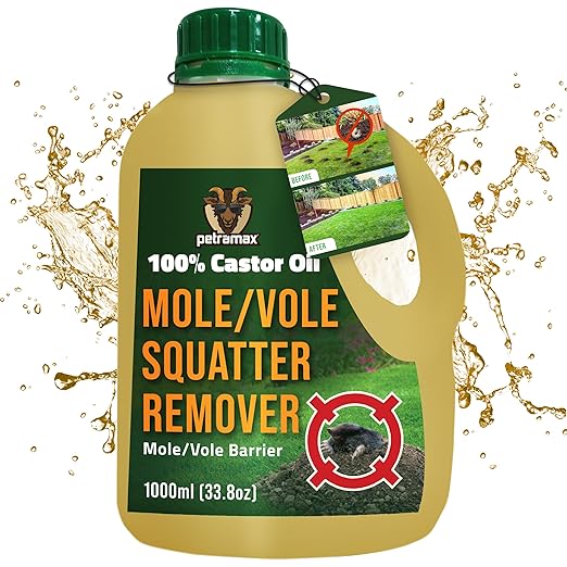 PetraMax Castor Oil Mole Repellent for Lawns - Best Anti Mole and Vole Repellent of Outdoor Space - How to Get Rid of Moles in My Yard, Garden Or Lawn, Safe and Effective Vole Deterrent (33.8 fl oz)