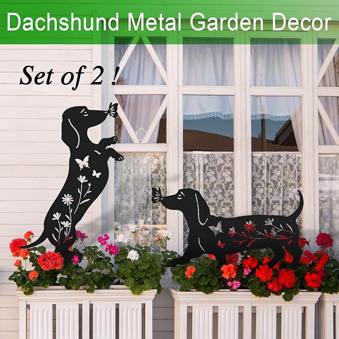 Set of 2 Metal Dog Garden Statues for Outside, Dachshund Metal Garden Decor for Outdoor,Yard,Lawn,Garden Stakes