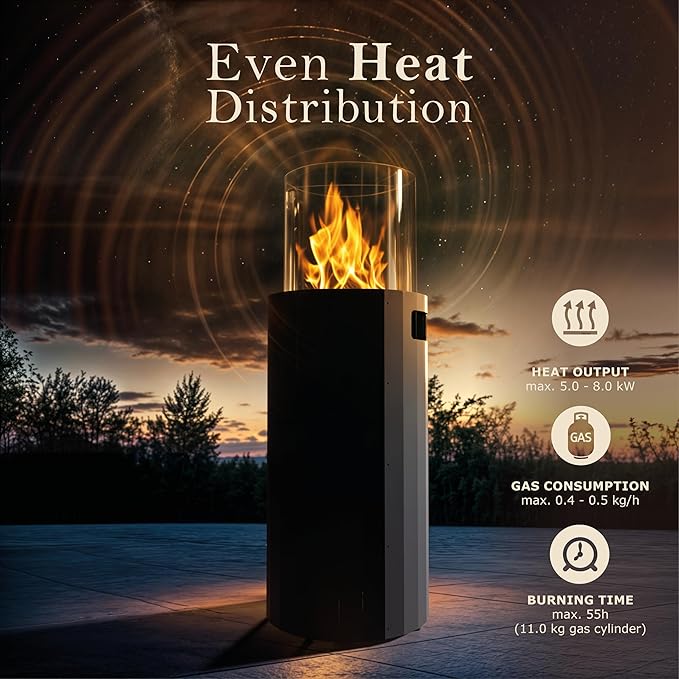 Planika BINO Outdoor Gas Fireplace - Black Fire Column with Glass Shield for Patio or Gardens (Outdoor Cover Incl)