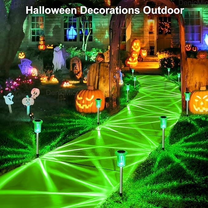 DenicMic Halloween Solar Lights Outdoor 10 Pack Green LED Waterproof Yard Garden Patio Backyard Pathway Walkway Landscape Lawn Outside Halloween Decorations Outdoor